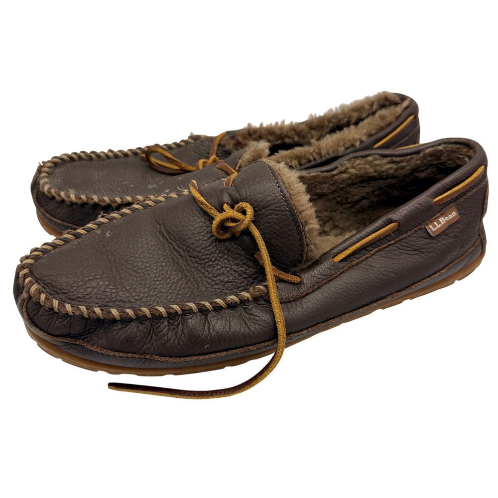 LL Bean Mens Wicked Good‎ Moccasins Brown Leather Moosehide Shearling Slippers